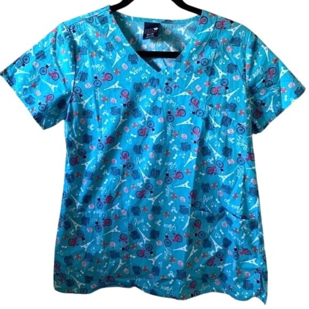 Zoe + Chloe XS Womens Paris-Themed Blue Scrub Top 100% Cotton